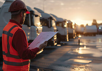 Worker in safety vest and helmet inspecting documents near parke Worker in safety vest and helmet inspecting documents near parked trucks at sunrise, logistics and transportation industry.