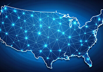 Digital US map with glowing connections - An illustrated map of the United States with glowing lines and dots representing connections or networks across the country An illustrated map of the United States with glowing lines and dots representing connections or networks across the country